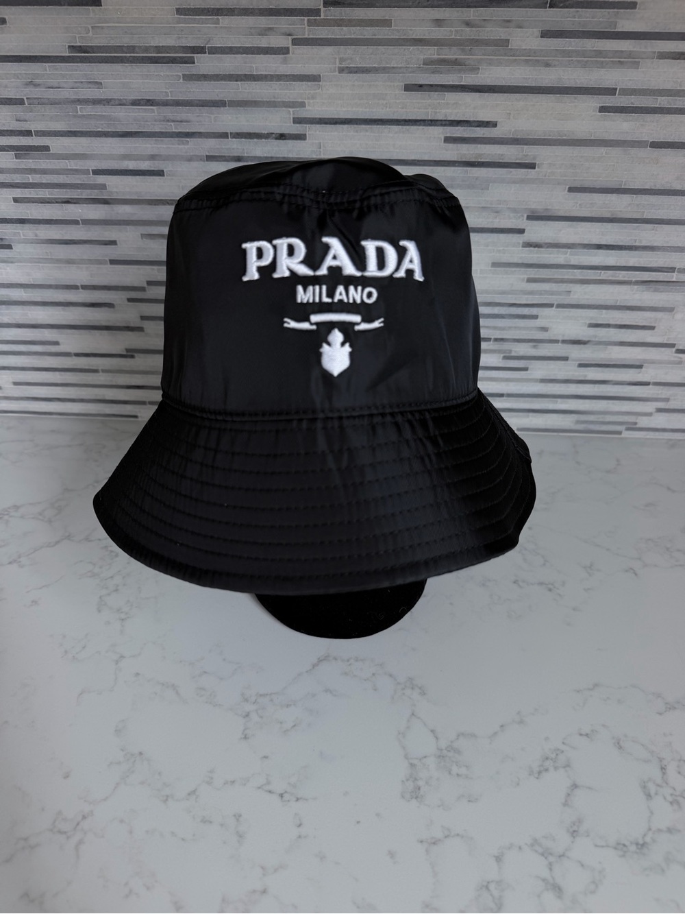 Prada Black Nylon Bucket Hat with White Logo